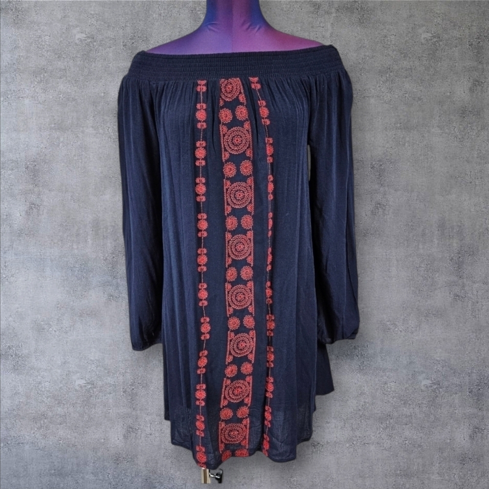 NWT Cape Juby Navy & Red Off the Shoulder Crinkle Peasant Dress Size Medium